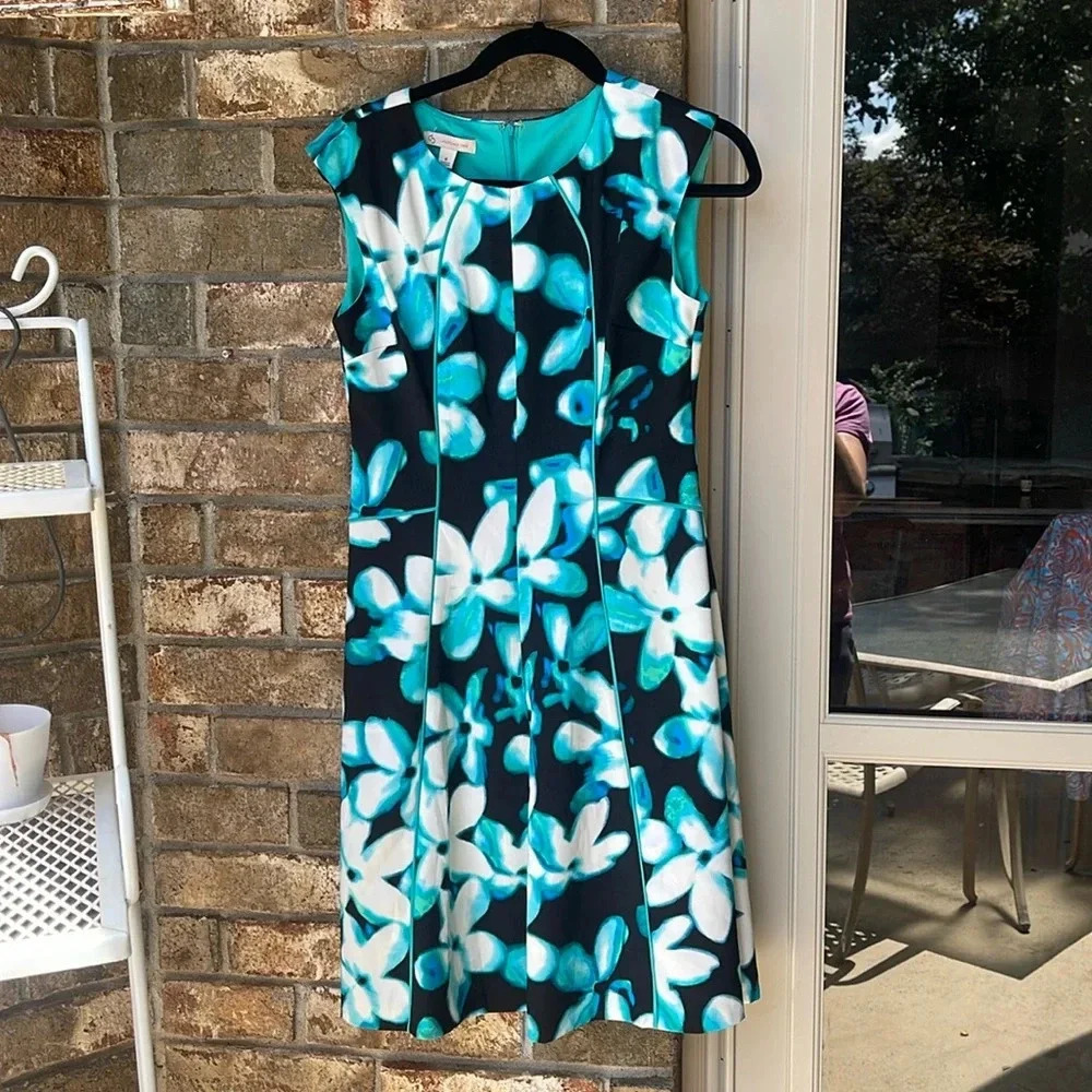 cb established 1962 turquoise and black floral print dress size 6